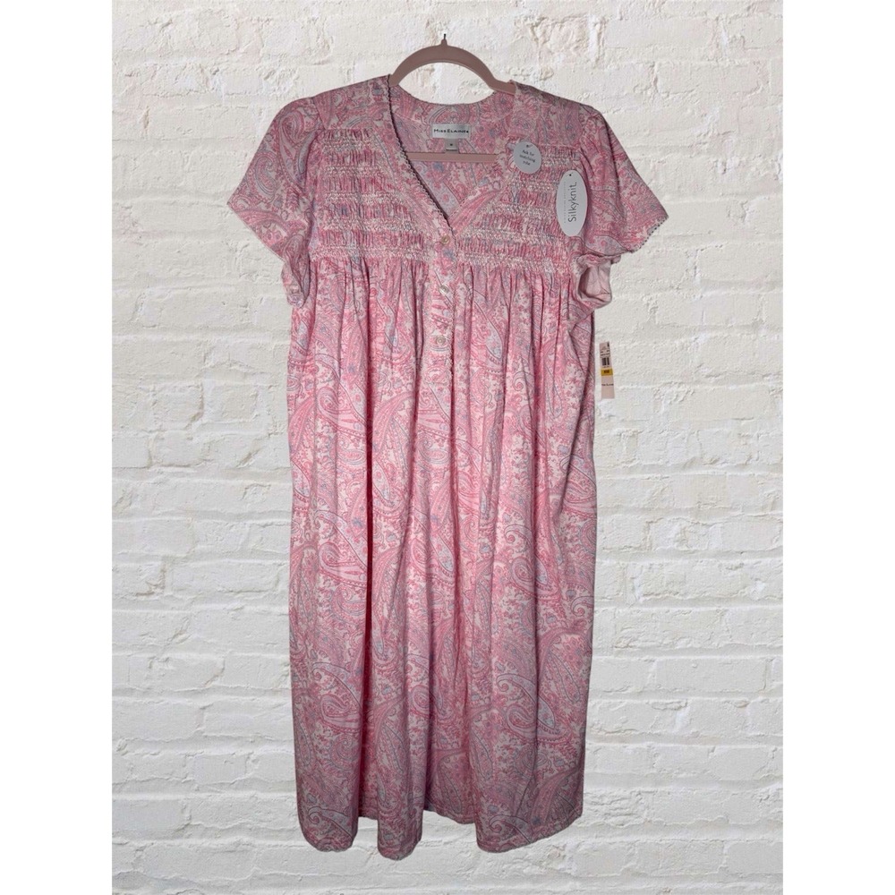 NEW Miss Elaine Floral Smocked Silky Knit SS Nightgown Medium Pink Paisley Lace